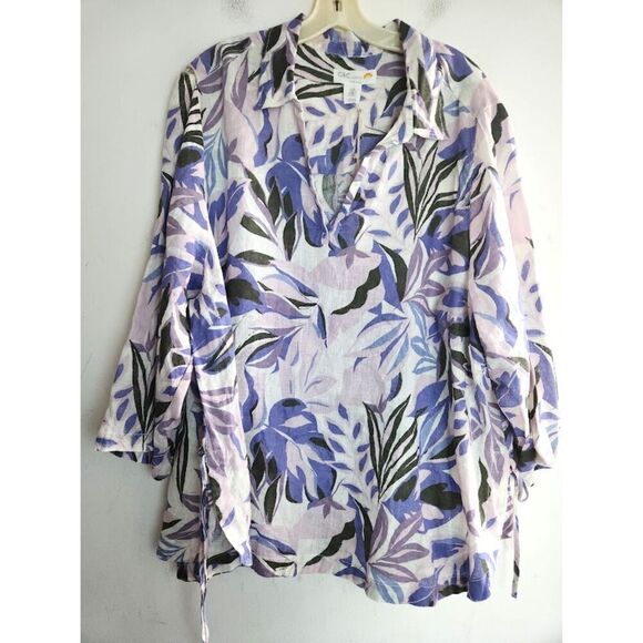 NWT C&C California Lavender Purple Print 100% Linen Pop Over Blouse size 3X - Picture 1 of 12